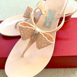 Salvatore Ferragamo cream pink bow sandals
